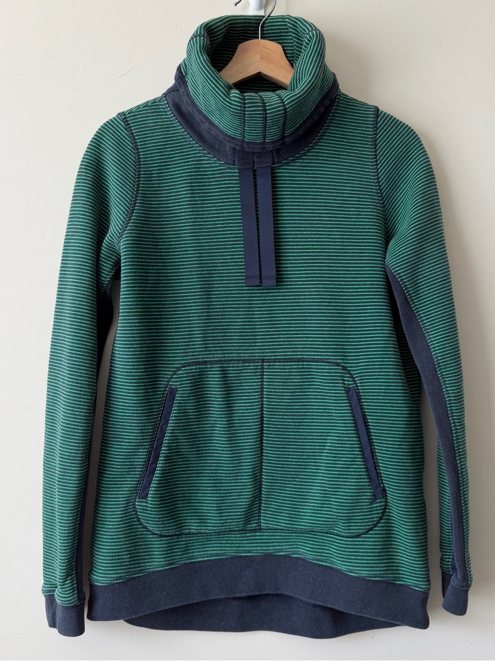Lululemon Striped Green & Navy Funnel Neck Pullover